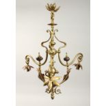 IN THE MANNER OF W. N.S. BENSON, A BRASS AND SOPPER ART NOUVEAU STYLE THREE LIGHT CHANDELIER.