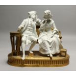 A SUPERB SEVRES WHITE BISQUE PORCELAIN AND ORMOLU GROUP, two figures sitting on an ormolu bench,