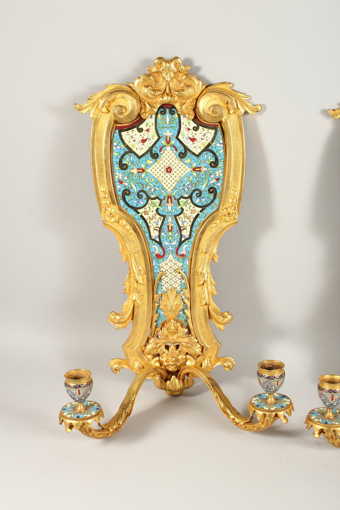 A SUPERB PAIR OF FRENCH ORMOLU AND ENAMEL TWO LIGHT WALL SCONCES WITH ACANTHUS AND SCROLLS 22ins - Image 2 of 7