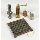 A BRASS SPICE GRINDER, A SUGAR SIFTER, A GREEK CHESS BOARD and two small grinders (5).
