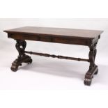 A VERY GOOD GILLOW MODEL RECTANGULAR TOP TABLE with plain top, two frieze drawers, carved and