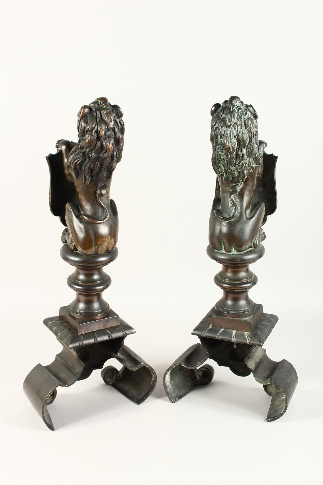 A SUPERB PAIR OF 19TH CENTURY BRONZE LION CHENETS holding a shield 23ins high. - Image 4 of 6