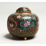 A JAPANESE CLOISSONE ENAMEL CENSER with panels of flowers and butterflies 3ins high