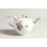 A 19TH CENTURY MEISSEN BULLET SHAPED TEA POT painted and encrusted with flowers. (Lid A F). cross