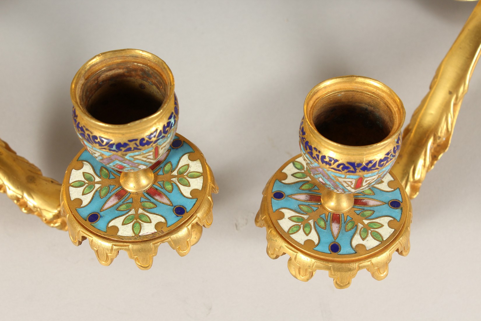 A SUPERB PAIR OF FRENCH ORMOLU AND ENAMEL TWO LIGHT WALL SCONCES WITH ACANTHUS AND SCROLLS 22ins - Image 5 of 7