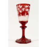 A SUPERB LARGE BOHEMIAN GLASS GOBLET of octagonal shape, etched with deer in a landscape, on an