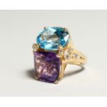 A GOOD 18CT GOLD AMETHYST, TOPAZ AND DIAMOND SET RING.