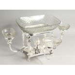 A VERY GOOD LARGE PLATED CENTREPIECE with cut glass dish and four arms each with a small cut glass