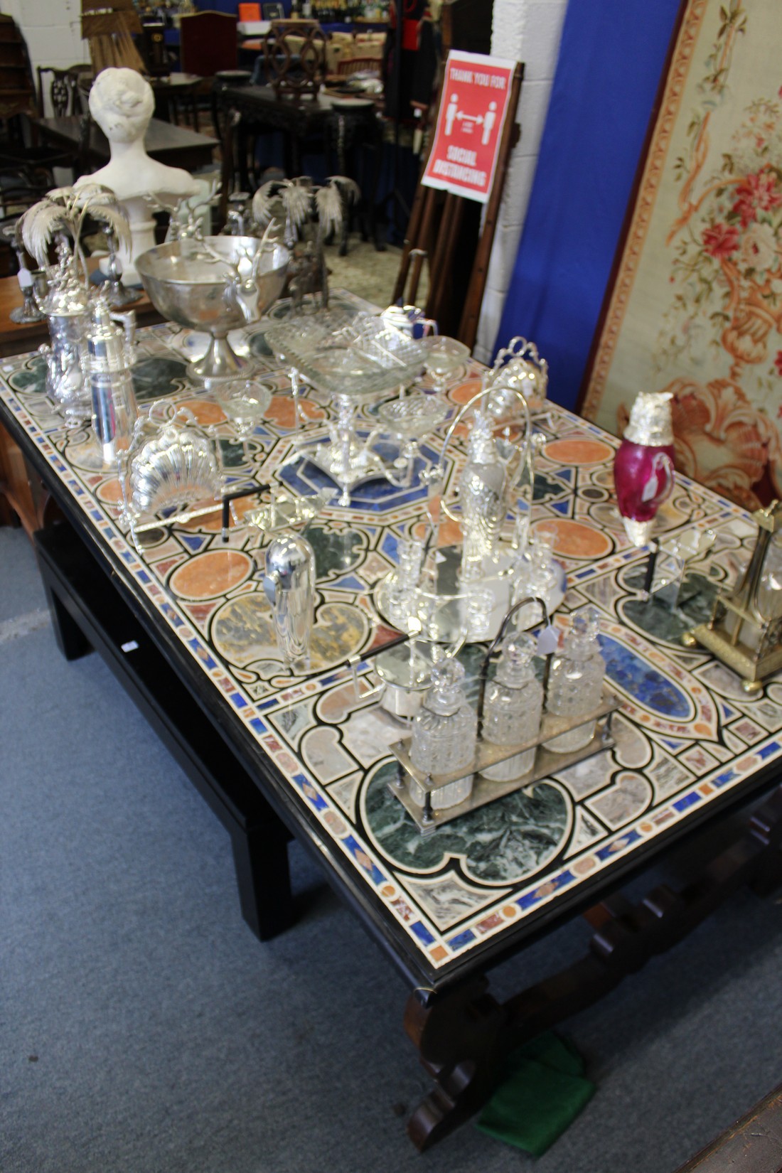 A SUPERB RECTANGULAR SPECIMAN ITALIAN MARBLE TOP TABLE on a wooden base. 7ft long, 3ft 10ins wide. - Image 2 of 5