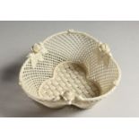 A BELLEEK PORCELAIN TREFOIL SHAPED PIERCED BASKET 5.25ins wide