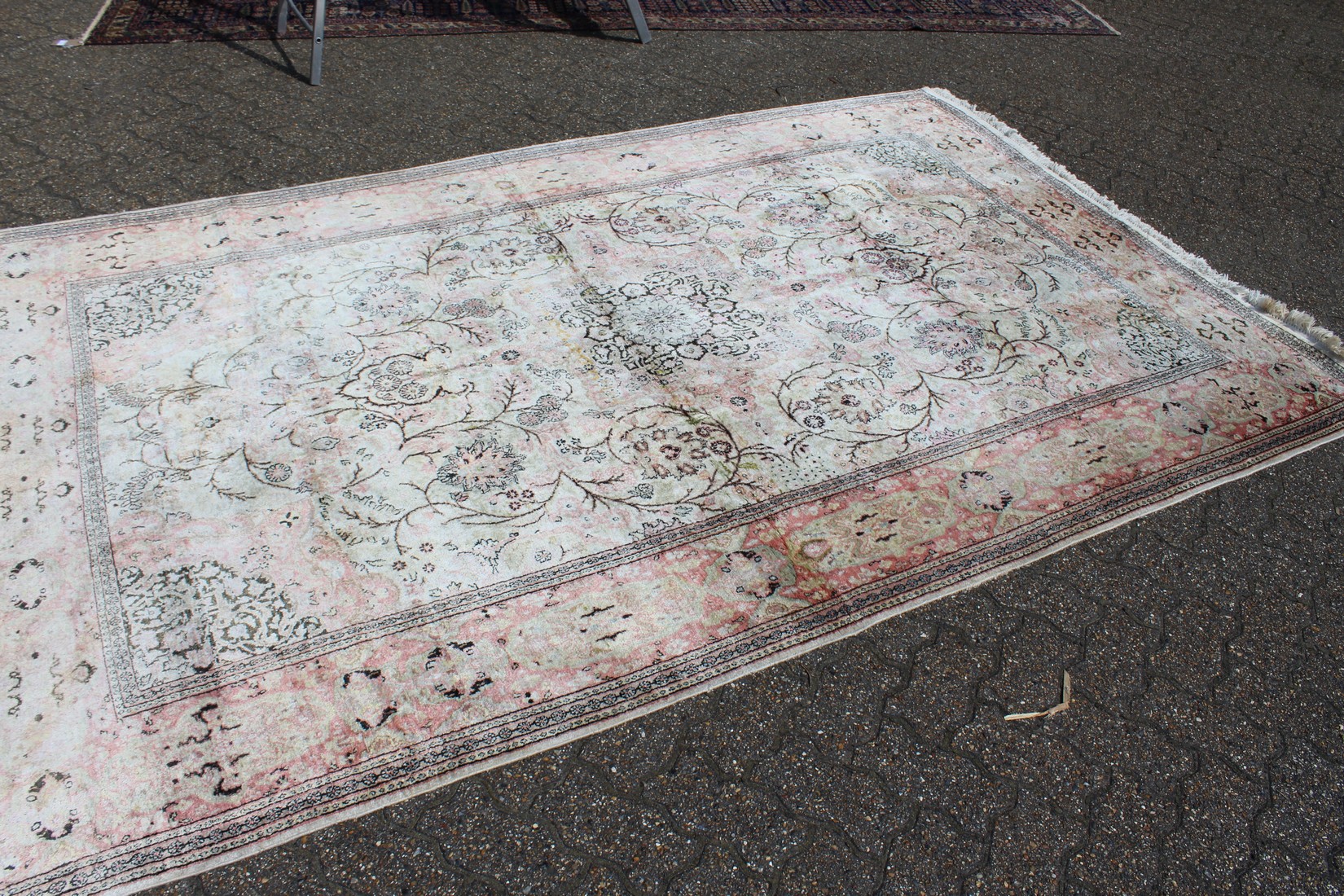 A MID 20TH CENTURY PERSIAN SILK KASHMIR CARPET, pale cream ground with typical floral decoration. - Image 2 of 3