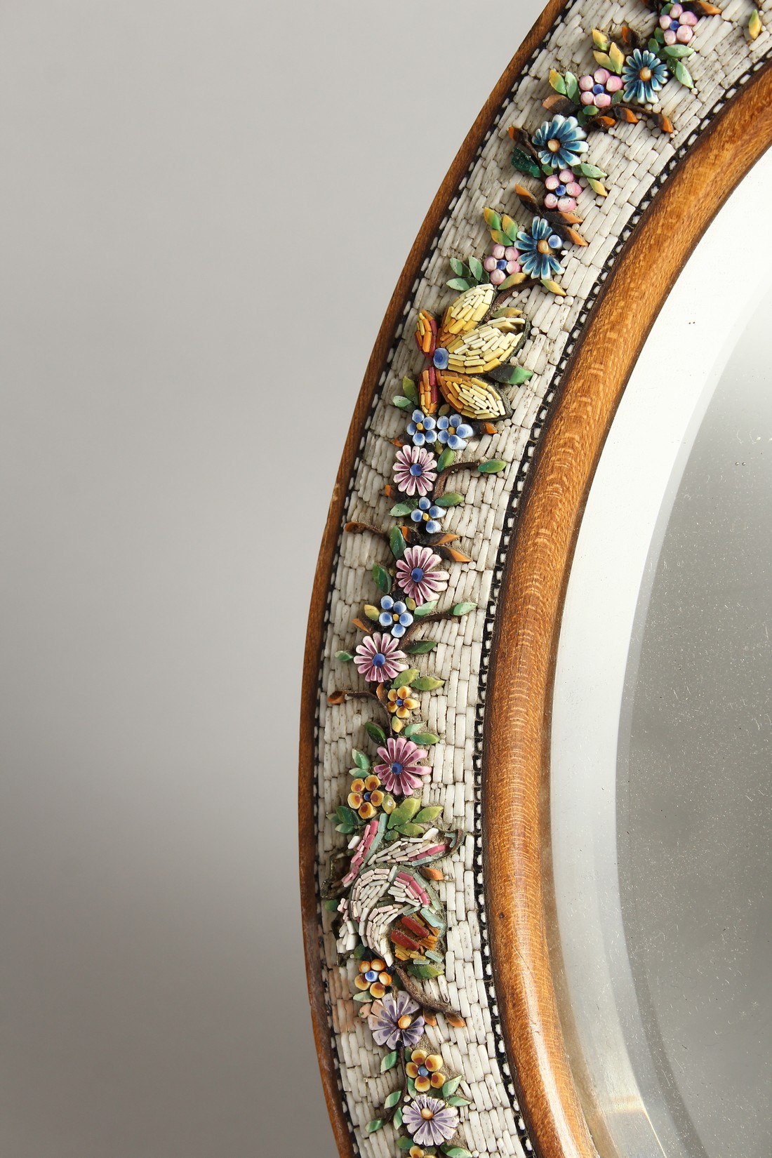 A GOOD MOSIAC FRAMED SHAPED EASEL MIRROR with a band of flowers 13.5ins high. - Image 3 of 8