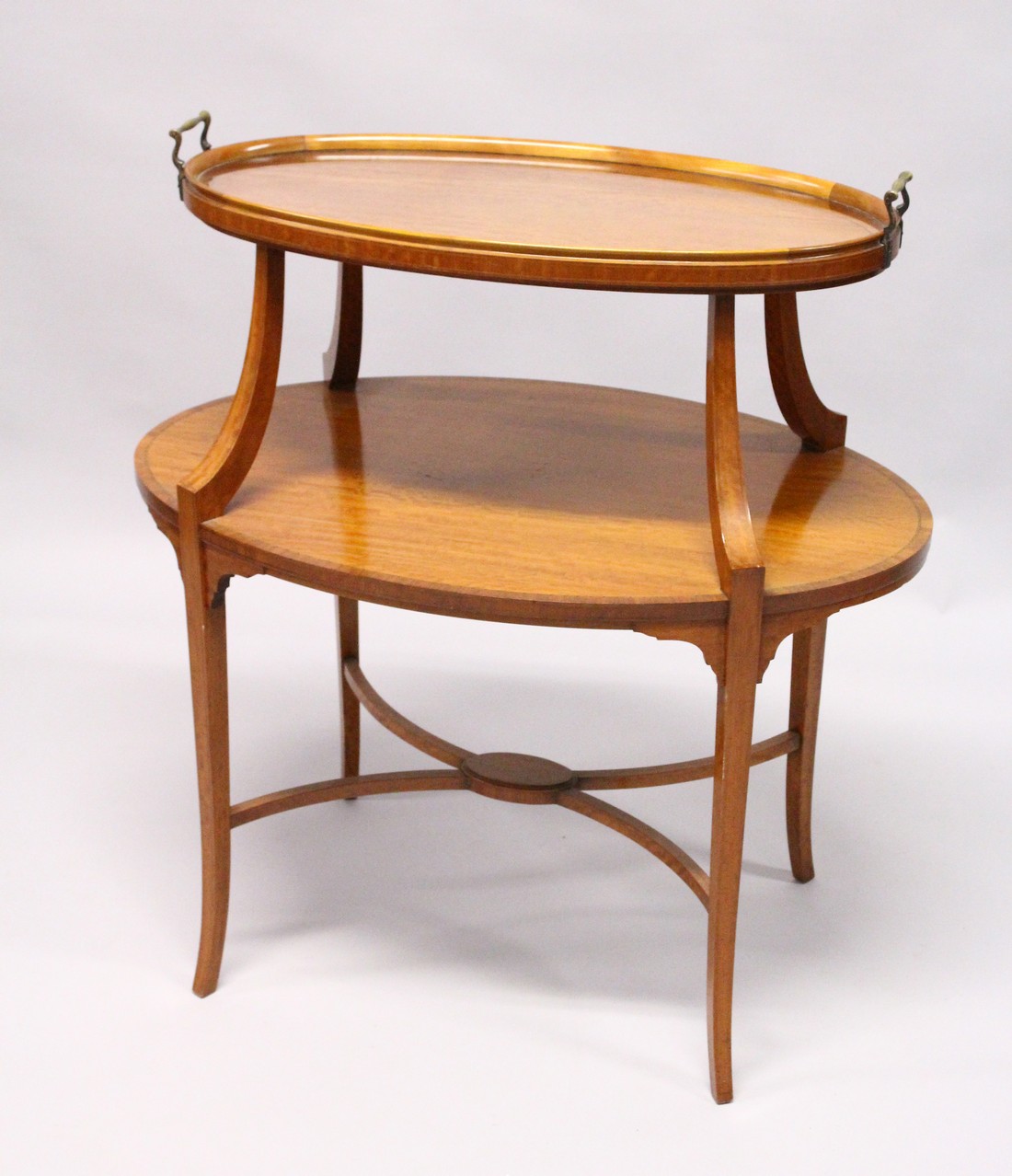 A GOOD SHERETON REVIVAL SATINWOOD TWO TIER OVAL ETERGE with detachable two handled tray with glass