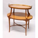 A GOOD SHERETON REVIVAL SATINWOOD TWO TIER OVAL ETERGE with detachable two handled tray with glass