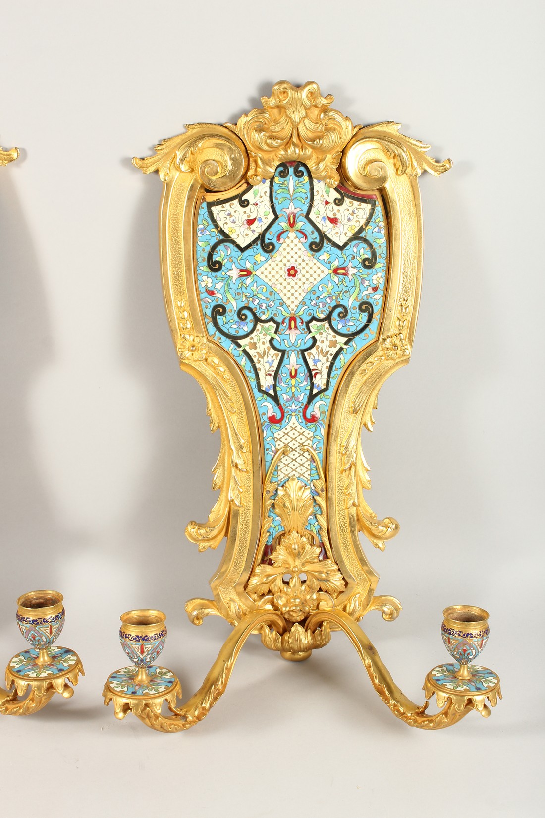 A SUPERB PAIR OF FRENCH ORMOLU AND ENAMEL TWO LIGHT WALL SCONCES WITH ACANTHUS AND SCROLLS 22ins - Image 3 of 7