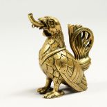 A RARE POSSIBLY MEDIEVAL, GERMAN BRONZE OIL LAMP, in the form of a seated bird, holding a lamp taper