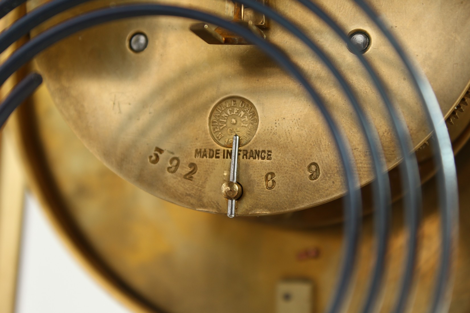 A GOOD BRASS FOUR GLASS CLOCK with white dial and pendulum. 12ins high. - Image 8 of 12