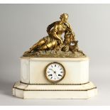 A 19TH CENTURY FRENCH ORMOLU AND WHITE MARBLE CLOCK by Stenward, Boulonge.. The top with classical