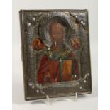 AN EARLY RUSSIAN ICON with copper mount. 9.25 x 8ins