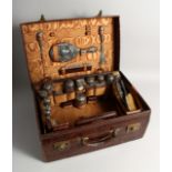 A VERY FINE VICTORIAN CROCODILE AND SILVER TRAVELLING CASE, filled with clock, nine silver top