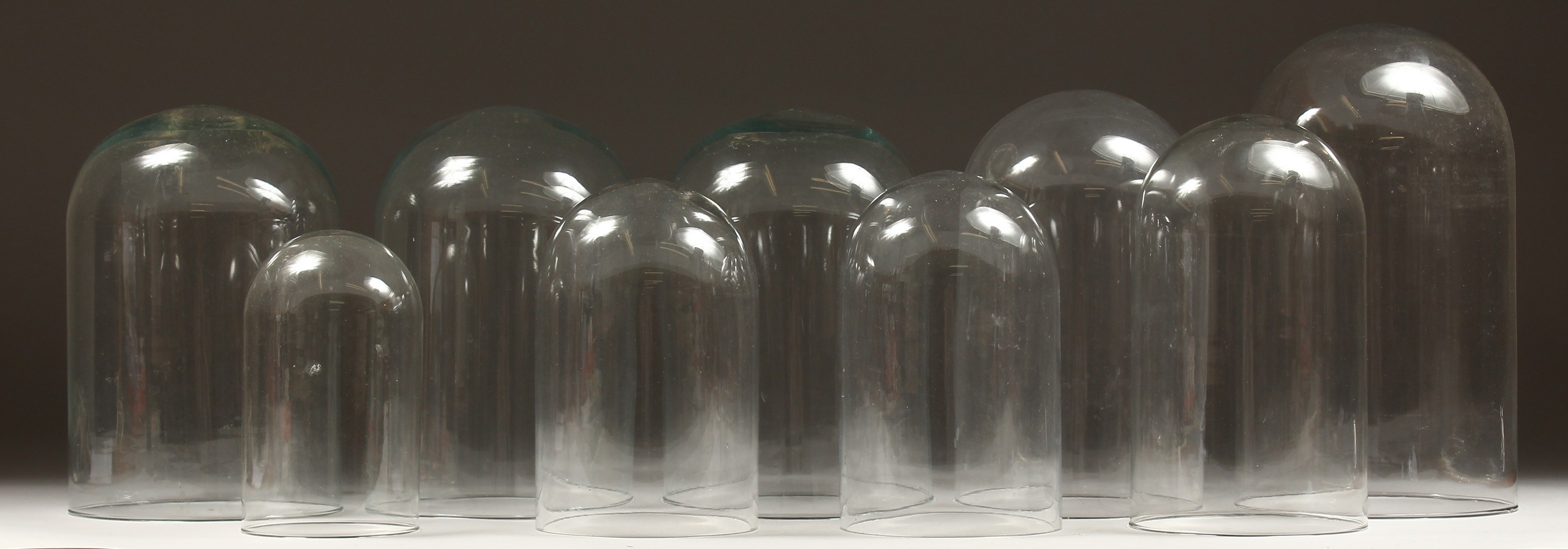 A COLLECTION OF NINE VICTORIAN GLASS DOMES. 14ins to 8ins high. - Image 2 of 4