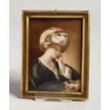A 19TH CENTURY PORTRAIT OF A TURKISH LADY with a scroll 3ins x 2.25ins