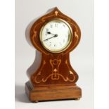 A GOOD EDWARDIAN MAHOGANY INLAID MANTLE CLOCK on bun feet. 12ins high.