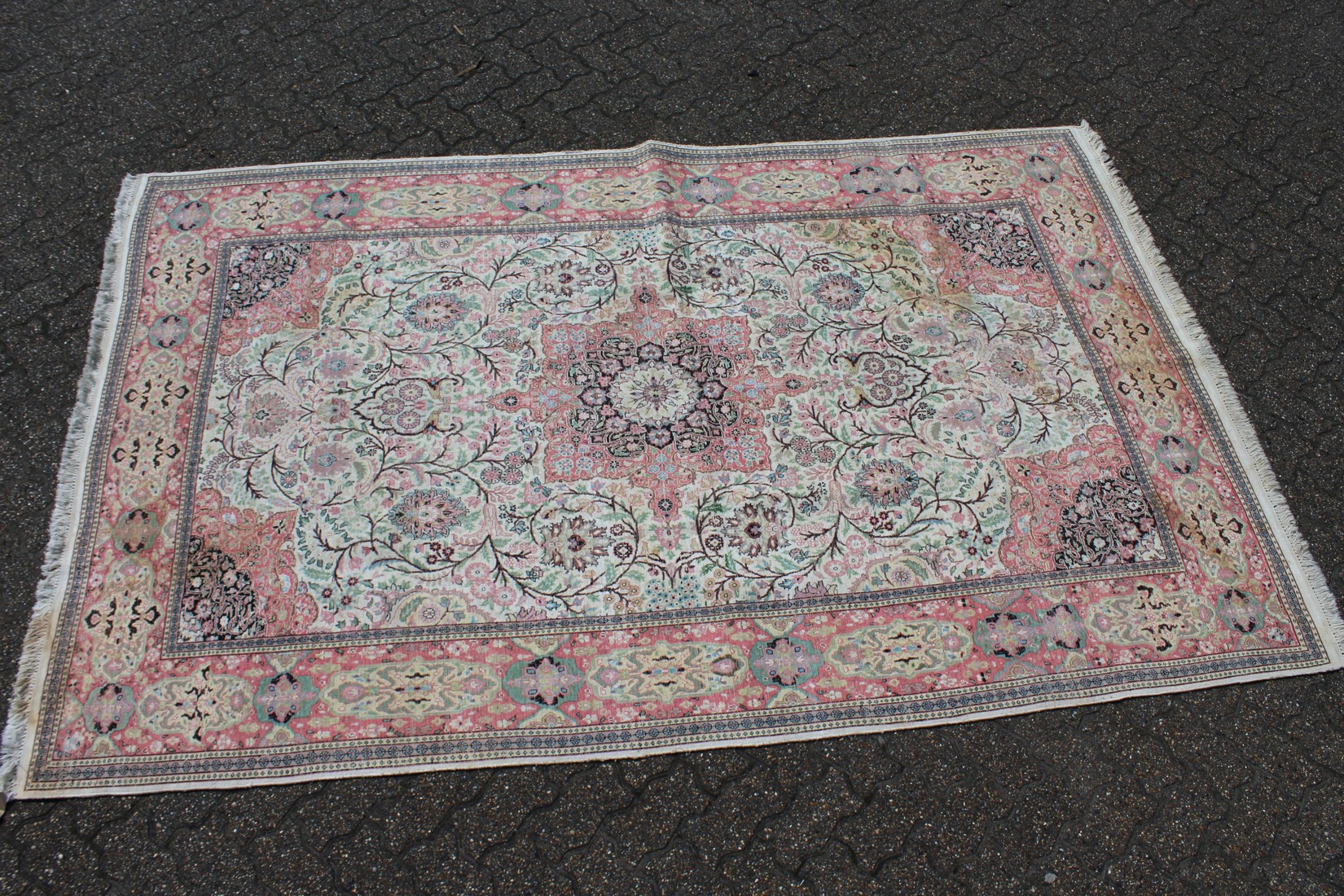 A MID 20TH CENTURY PERSIAN SILK KASHMIR CARPET, pale cream ground with typical floral decoration. - Image 3 of 3