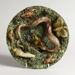 A PALISSY WARE TYPE CIRCULAR DISH, moulded decoration with a snake, lizard etc., impressed mark to