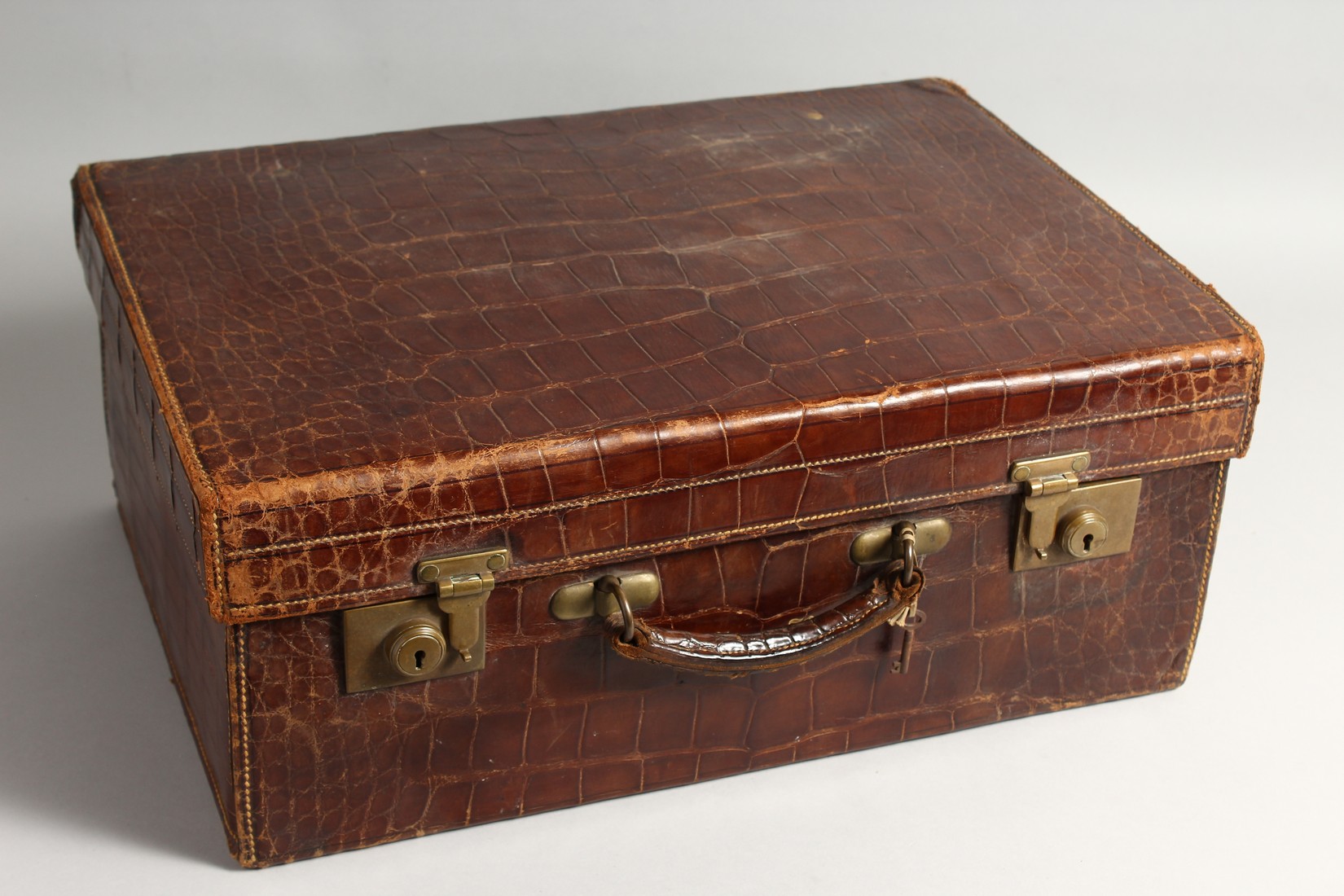 A VERY FINE VICTORIAN CROCODILE AND SILVER TRAVELLING CASE, filled with clock, nine silver top - Image 2 of 2