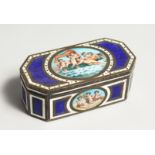 A GOOD SILVER AND ENAMEL BOX, blue body with white, with three ovals of cupids Import mark