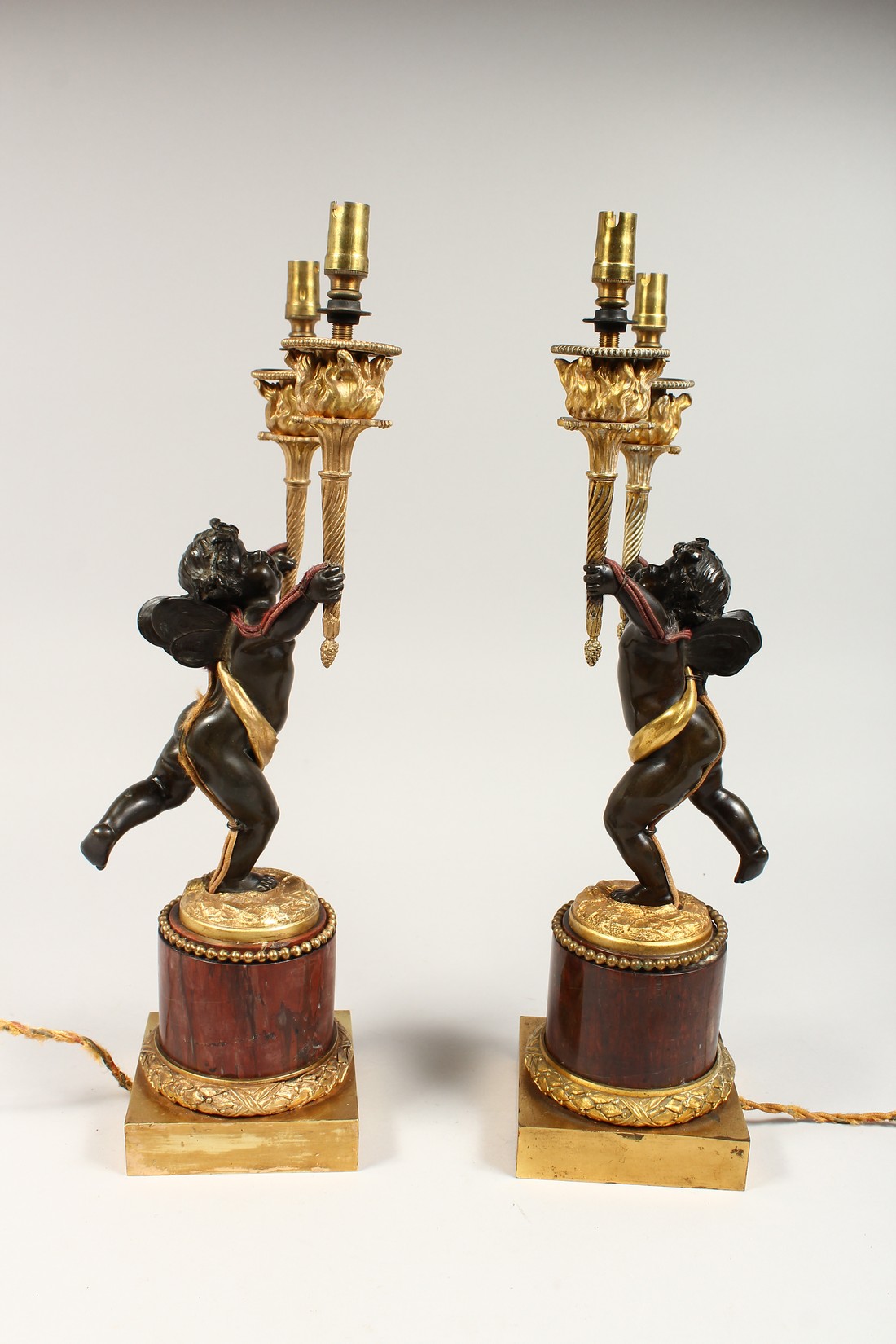 AS VERY GOOD PAIR OF REGENCY BRONZE AND ORMOLU TWO BRANCHED CHERUB CANDLESTICK each holding - Image 3 of 6