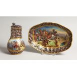 A SUPERB SEVRES PORCELAIN EWER AND OVAL DISH, blue ground painted with a battle scene, BAYARD