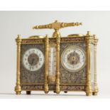 A SUPERB 19TH CENTURY FRENCH BRASS AND ENAMEL DOUBLE CARRIAGE CLOCK, the front with clock and