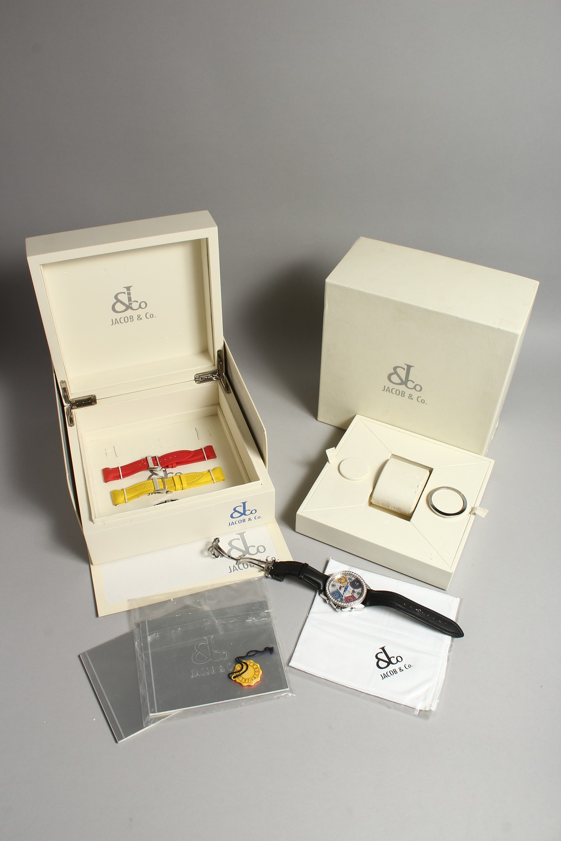 A VERY GOOD DIAMOND SET JACOB AND CO. WRISTWATCH with leather strap. No. 845 in original box. - Image 7 of 9