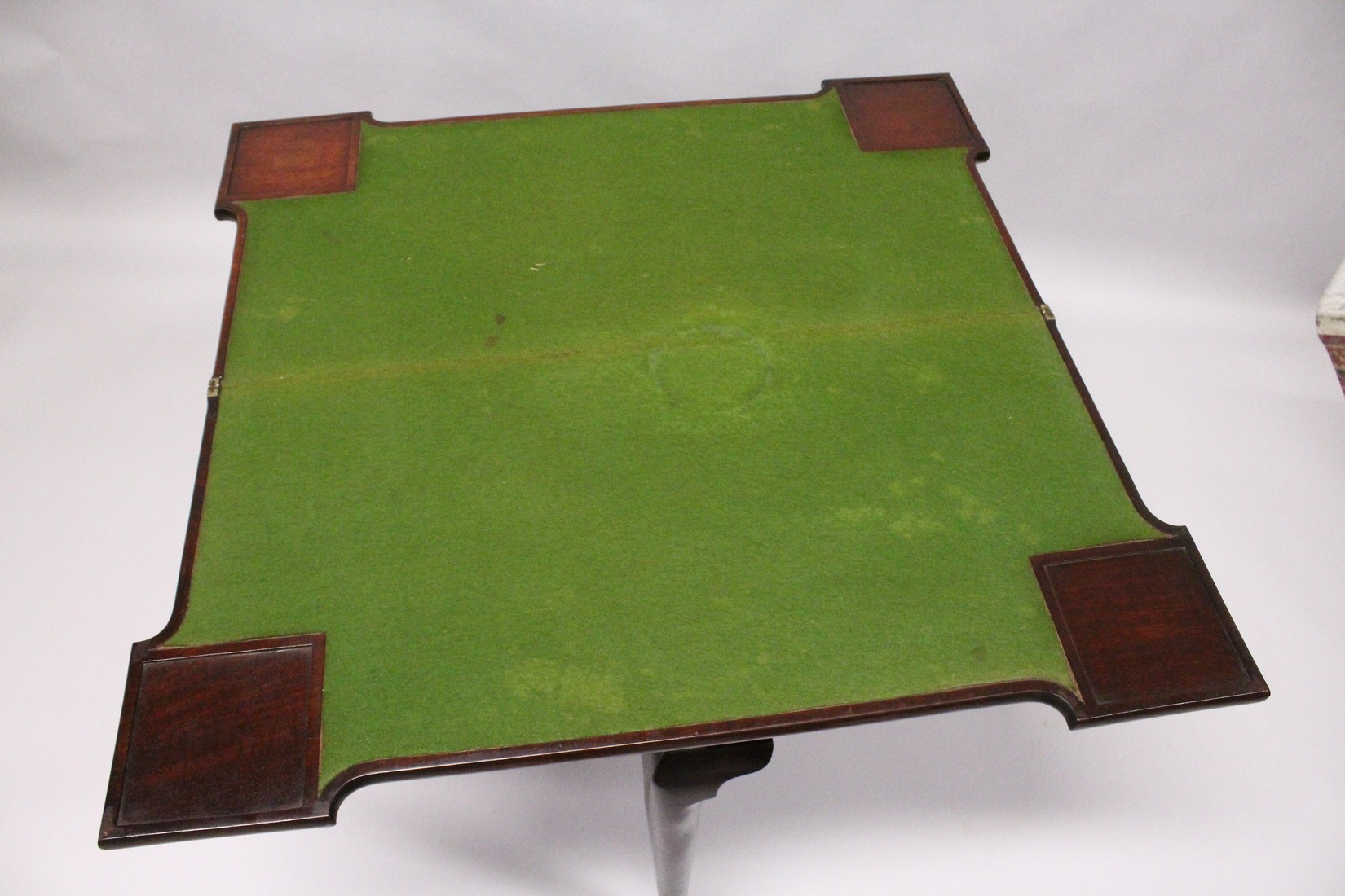 A GEORGE III MAHOGANY FOLD OVER CARD TABLE with a shaped rectangular top, green beize lining with - Image 5 of 5