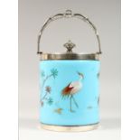 A VICTORIAN BLUE GLASS CIRCULAR OPALINE BISCUIT BARREL painted with birds and bamboo with plated