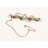 A 9CT GOLD TURQUOISE AND SEED PEARL BAR BROOCH