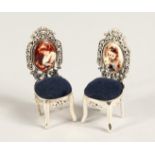 A PAIR OF NOVELTY SILVER MINIATURE CHAIR PIN CUSHIONS