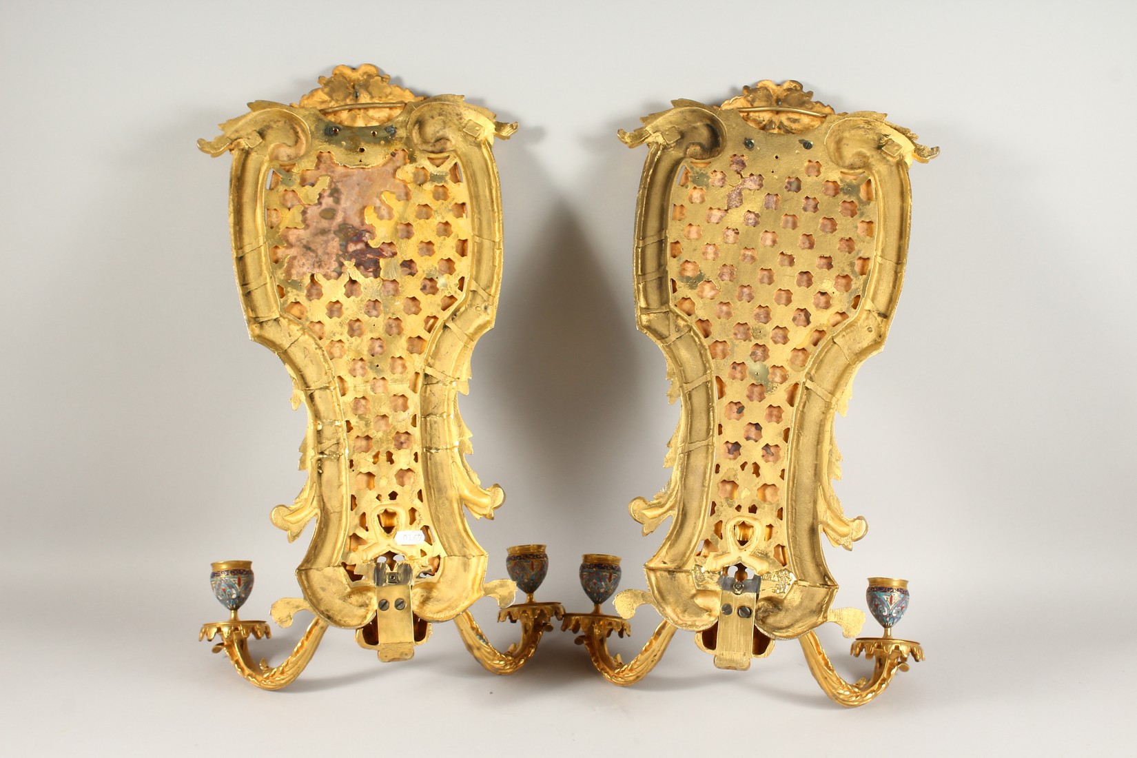 A SUPERB PAIR OF FRENCH ORMOLU AND ENAMEL TWO LIGHT WALL SCONCES WITH ACANTHUS AND SCROLLS 22ins - Image 6 of 7