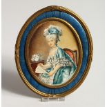 A VERY GOOD 19TH CENTURY FRENCH OVAL PORTRAIT OF A LADY holding a fan, in a blue enamel and ormolu