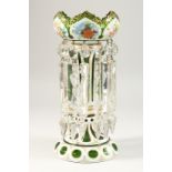 A GOOD LARGE VICTORIAN BOHEMIAN GREEN AND GILT GLASS GOBLET WITH WHITE OVERLAY LUSTRE, with 10 prism