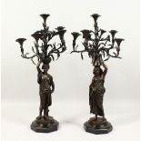 CHARLES CUMBERWORTH (1811 - 1852) ENGLISH A SUPERB PAIR OF BRONZE STANDING CLASSICAL FIGURES holding