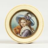 A GEORGIAN IVORY CIRCULAR BOX, the top painted with a portrait of a young lady in a plumed hat. 3ins