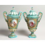 A SUPERB LARGE PAIR OF SEVRES PORCELAIN TWO HANDLED URN SHAPED VASES AND COVERS painted with reverse