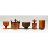 FIVE PIECES OF TREEN including a bowl and cover (4)
