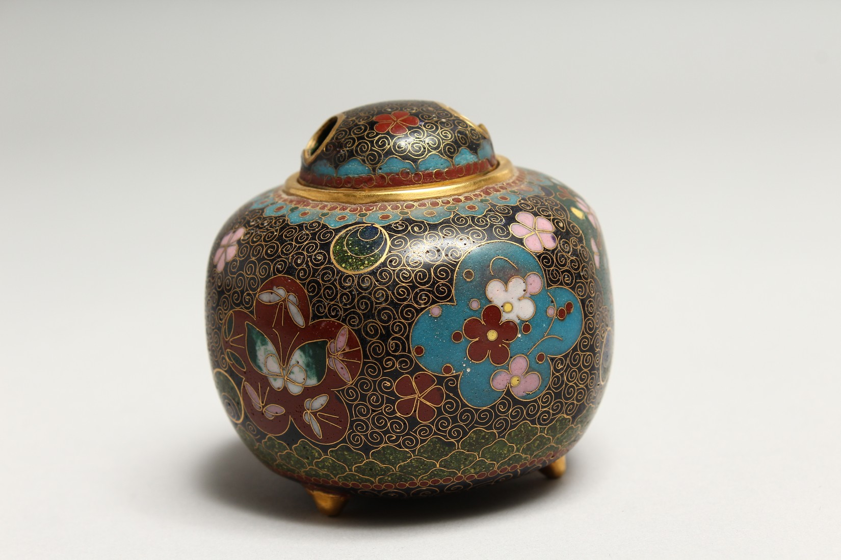 A JAPANESE CLOISSONE ENAMEL CENSER with panels of flowers and butterflies 3ins high - Image 3 of 7