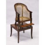 A CHILDS 19TH CENTURY MAHOGANY BERGERE ARM CHAIR, on stand 3ft high overall
