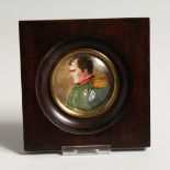 A CIRCULAR PORTRAIT MINIATURE OF NAPOLEAN 2ins diameter in a wooden frame.