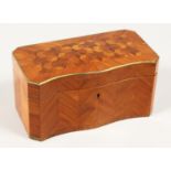 A 19TH CENTURY FRENCH KINGWOOD SERPENTINE-FRONTED TWO DIVISION TEA CADDY with Van Dyck pattern